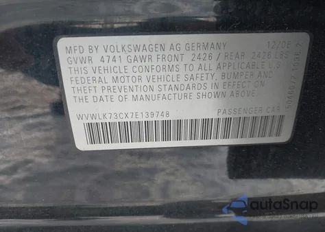 2007 Volkswagen Passat 2.0T z USA, uszkodzony, nr VIN WVWLK73CX7E139748